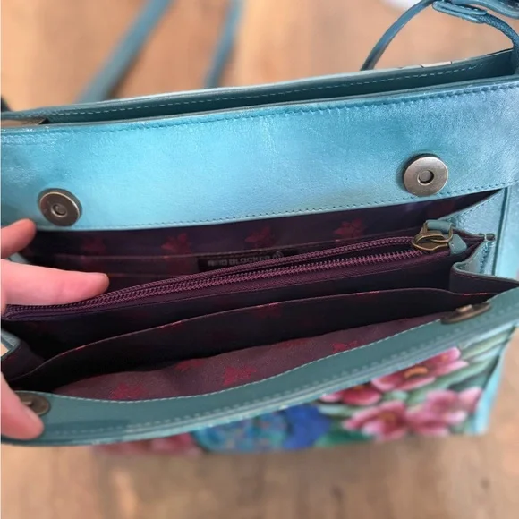 Anuschka Peacock Hand-Painted Blue Floral Crossbody Bag - Picture 6 of 15